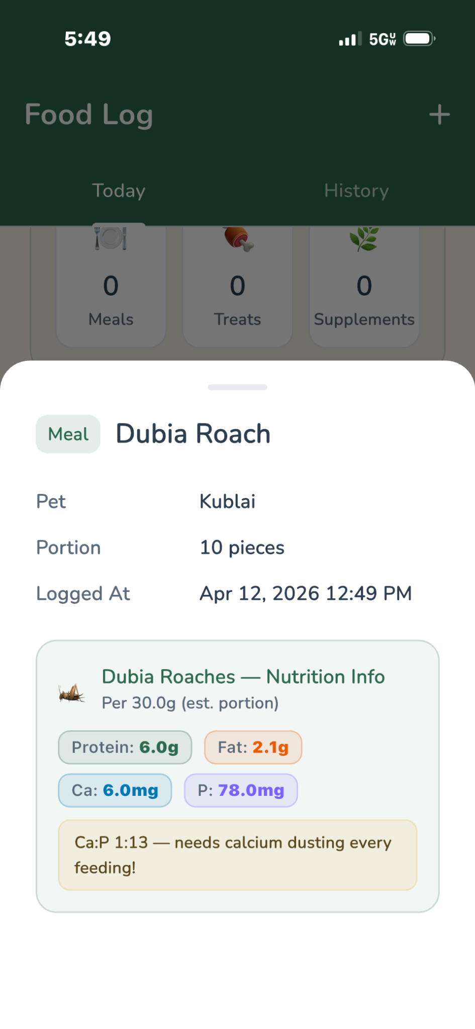Detailed food log showing nutrition and calcium-to-phosphorus information